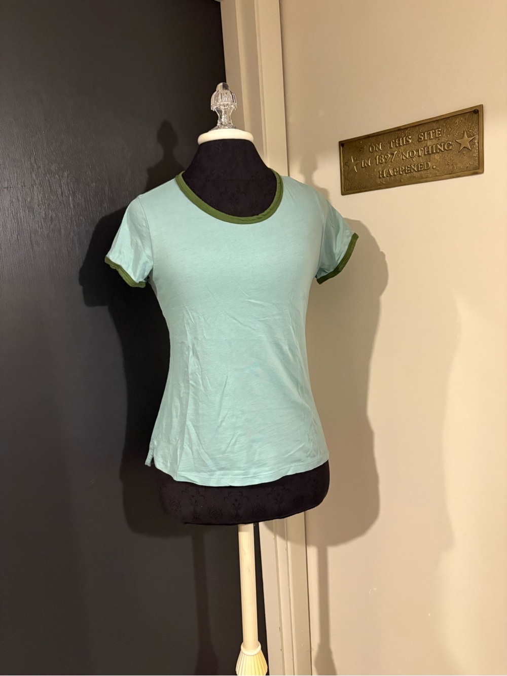 Anthropologie Pilcro Light Aqua Ringer 100% Cotton Tee with Olive Trim
